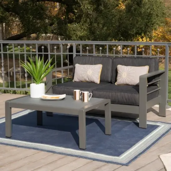 GDFStudio Liam Outdoor Aluminum Loveseat and Coffee Table Set with Cushions, Gray/Dark Gray image {1}