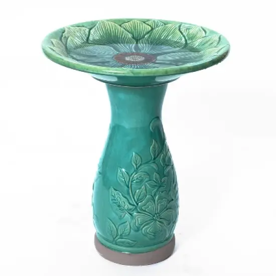 LuxenHome 23" Elegant Tall Ceramic Bird Bath for Outside with Floral Pattern, Jade Green image {8}