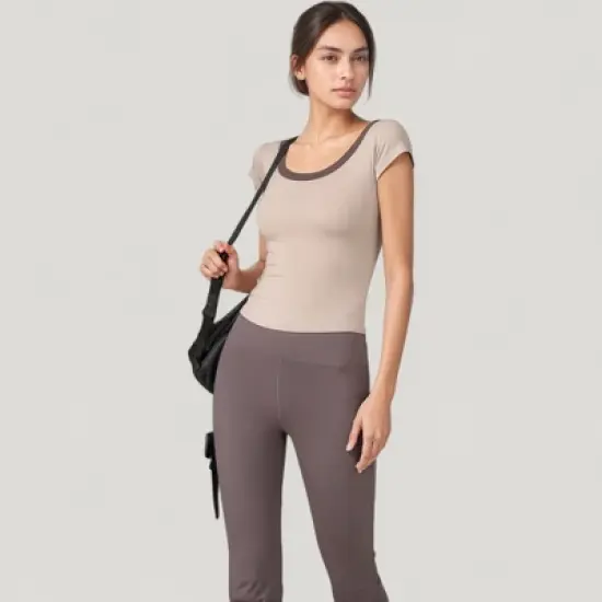 Anna-Kaci Active Women's Scoop Neck Contrast Trim Fitted Short Sleeve Active Top image {5}