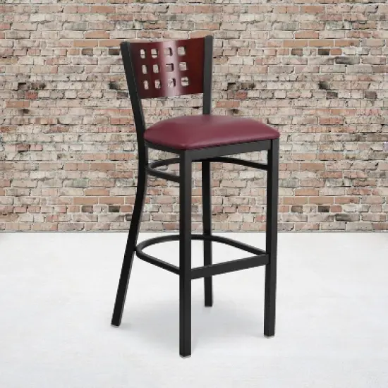 Emma and Oliver Black Decorative Cutout Back Metal Restaurant Dining Barstool image {1}