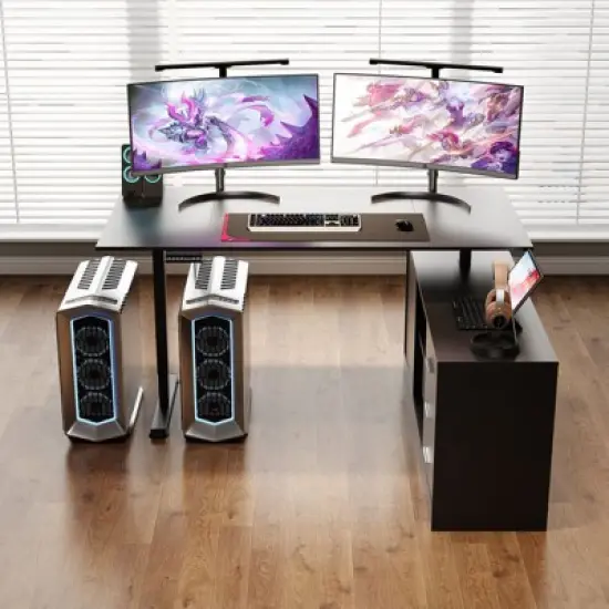 Famapy Gaming Height-Adjustable Desk with Storage & Electric Lift Top,Reversible Left-Right Study/Computer Desk,Sit-Stand Gaming Workstation image {1}