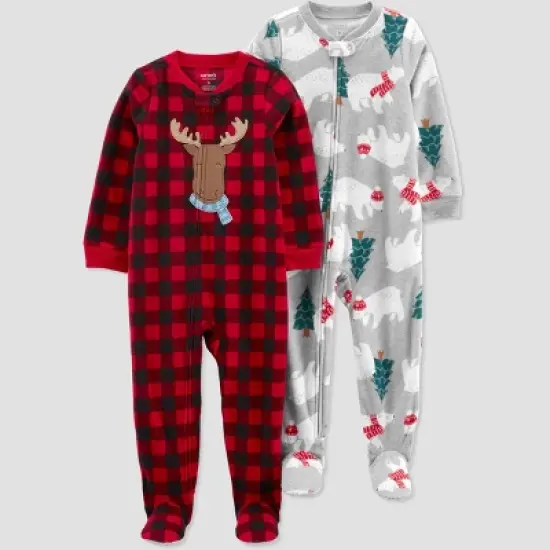 Carter's Just One You&reg;️ Toddler Boys' 2pk Buffalo Checkered Reindeer and Polar Bears Fleece Footed Pajama - Black/Red image {3}