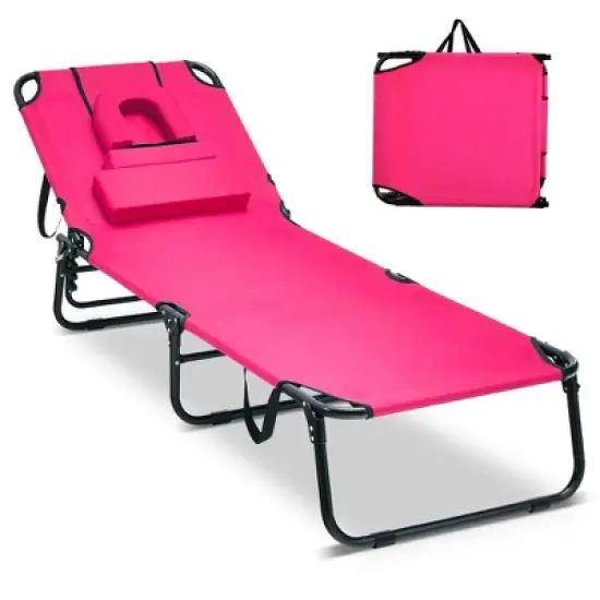Tangkula 5-Position Lounge Chair Adjustable Beach Chaise w/ Face Cavity & Pillows image {13}