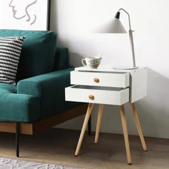 Costway 2PCS Mid Century Modern 2 Drawers Nightstand In White Sofa Side Table End Table image {4}