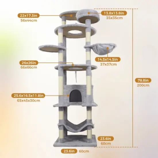 Whisen 78" Cat Tree Tower with Large Condo, Sisal Scratching Post, Hammock & Top Platform image {6}