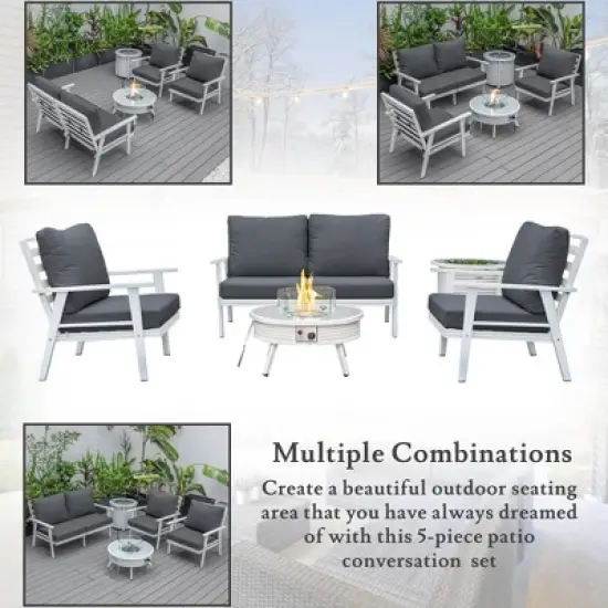 LeisureMod Walbrooke 4-Piece Outdoor Patio Conversation Set &ndash; White Trim Fire Pit Table with Cushioned Ottoman for Patio, Deck, Balcony & Backyard image {6}