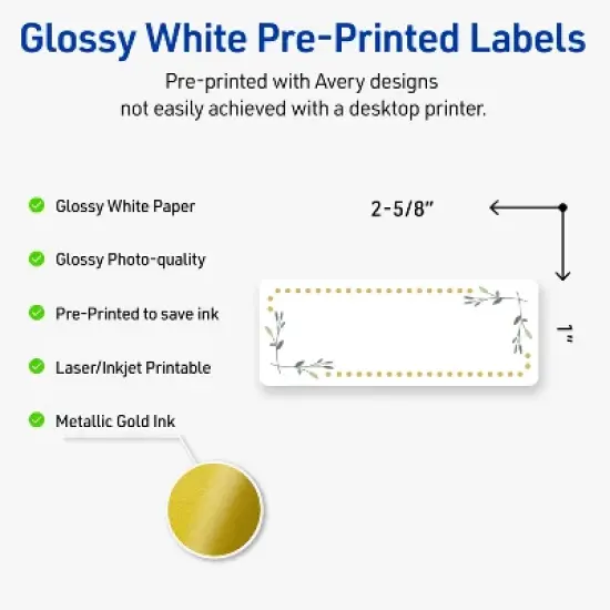 Avery Labels, 1" x 2-5/8", Glossy White, Green Florals w/ Gold Dots, 160ct image {1}