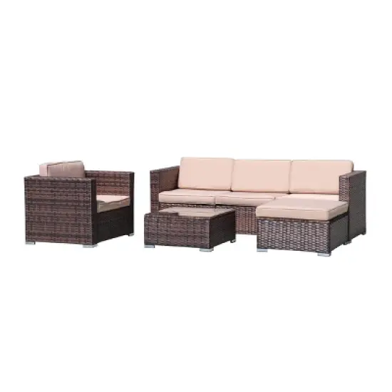 4pc Wicker Patio Sectional Seating Set with Cushions - Natural - GODEER image {1}