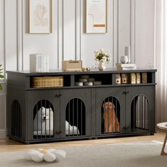 Double Dog Crate Furniture 71" Dog Kennel Furniture for 2 Medium Dogs, Heavy Duty Dogs Cage XL Dogs House Indoor with 3 Storage Shelves image {1}