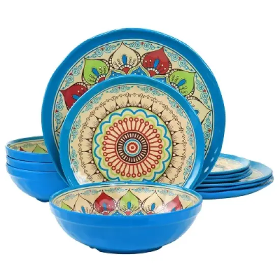 12pc Camilla Melamine Dinnerware Set - Elama: Off-White Medallion Pattern, Service for 4, Dishwasher-Safe, Includes Plates & Bowls image {6}