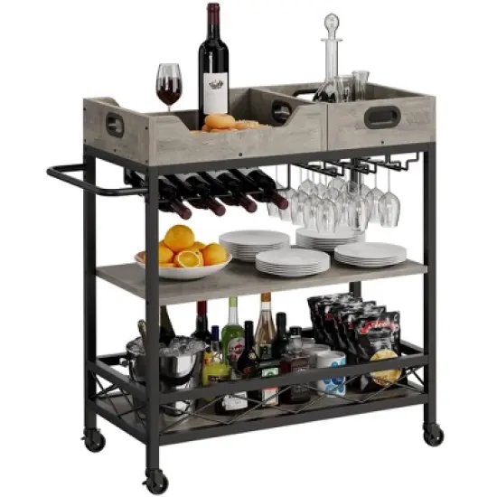 TROPOW 2-Portable-Tray Home Bar Cart | 3-Tier Rolling Bar Cart with Wheels, Wine Rack & Glass Holder image {6}