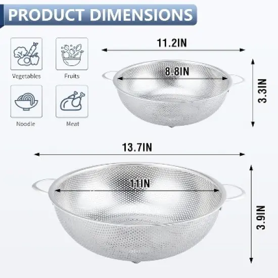 Colander Stainless Steel 3-Quart, Metal Strainer with Base, Strainer for Kitchen Food, Dishwasher Safe image {1}