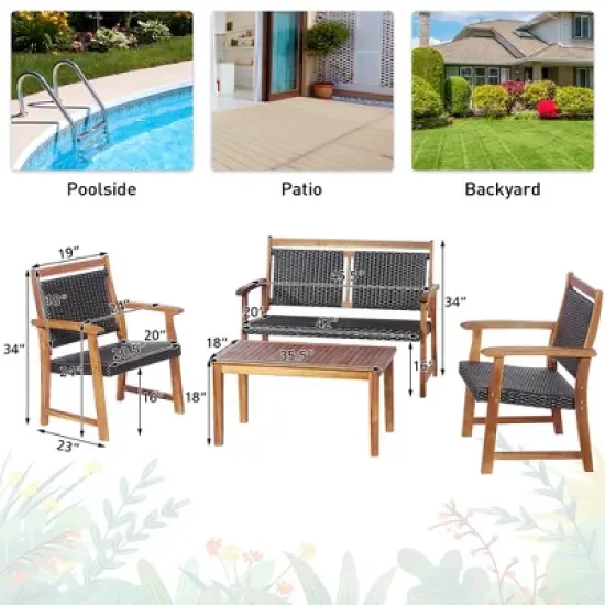 Costway 4 PCS Patio Rattan Furniture Set Acacia Wood Frame Sofa Loveseat Garden image {3}