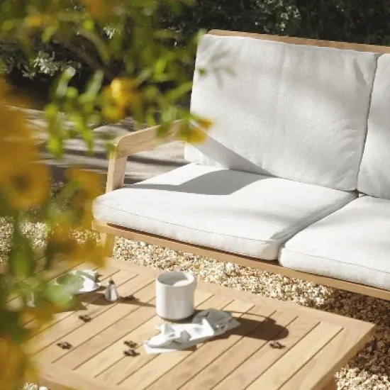 LuxenHome Outdoor Acacia Wood Coffee Table and Loveseat with Cushions image {3}