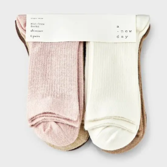 Women's Shimmer and Solid Fine Ribbed 6pk Crew Socks - A New Day&trade; 4-10 image {1}