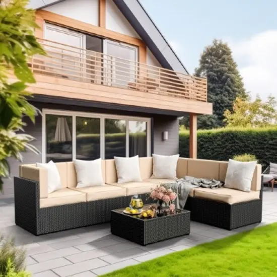 Pamapic 7-Piece Wicker Outdoor Sectional Set with Coffee Table and Cushions image {2}