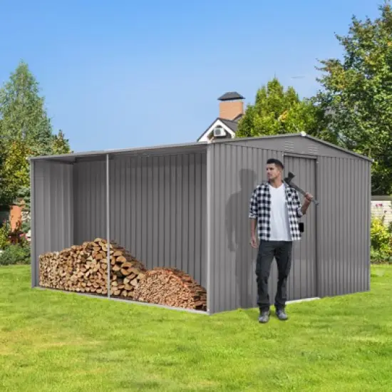 New Outdoor Storage Shed Has Two Functions:Metal Shed And Firewood Shed 14 ft x 12 ft, More Suitable For Winter , Grey image {10}