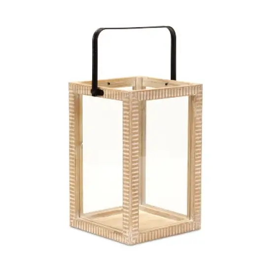 HomeRoots 16" Clear And Natural Glass And Solid Wood Tabletop Lantern Candle Holder image {5}