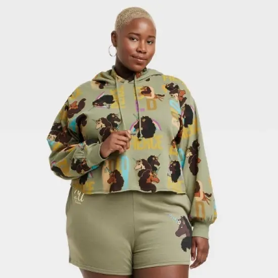 Women's Afro Unicorn Fierce Graphic Cropped Sweatshirt - Green image {4}