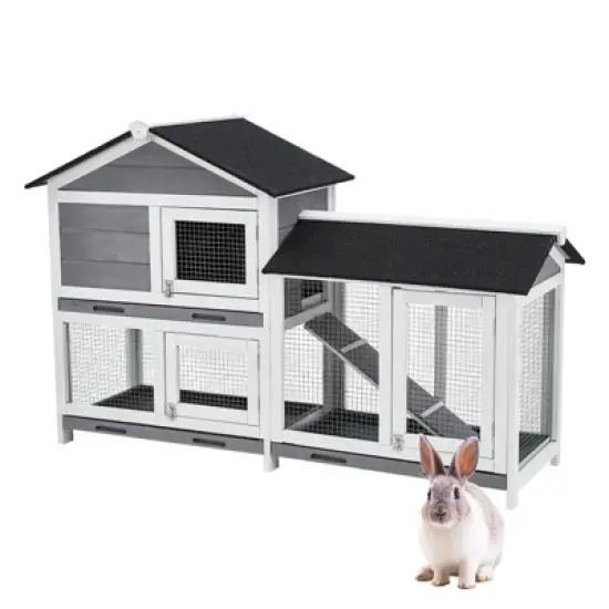 Bunny Hutch Indoor with 3 Leak-Proof Trays, Wooden Waterproof Roof Rabbit Hutch Indoor/Outdoor, 2-Tier Bunny House/Chicken Coop image {7}