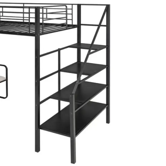 Twin Size Metal Loft Bed with Bench and Storage Staircase, Black-ModernLuxe image {10}