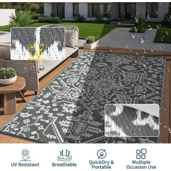 Large Waterproof Outdoor Rug, Reversible Vintage Plastic Straw Patio Mat, Stain-Resistant RV Carpet for Deck, Camping, Balcony, Gray+White 9*18ft image {3}