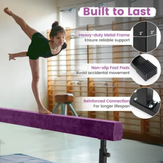 Costway 7.5 ft High and Low Gymnastics Beam with 3 Heights Heavy Duty Metal Legs & Wheels Purple/Blue/Pink image {4}