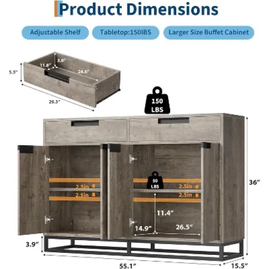 Sideboard Buffet Cabinet, 55" Kitchen Accent Modern Storage Cabinet with 2 Drawers and 4 Doors, Coffee Bar Buffet Table for Kitchen, Dining Room image {1}