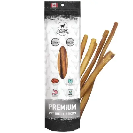 Canine Cravers Maplewood Smoked Bully Sticks 12&rdquo; Inch Pack of 5 - 100% Natural Free Range Grass Fed Beef - Made in Canada Dog Chews High Protein image {1}