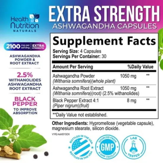 Ashwagandha 2,100 mg Extra Strength Stress & Mood Support with Black Pepper - 60 Count;120 Count image {1}