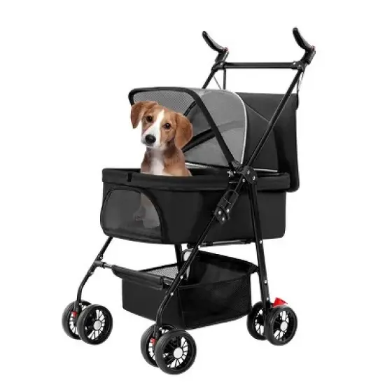 Racxily Foldable Pet Stroller with Weather Cover, 4 Wheels Pet Strolling Cart for Small/Medium Dogs and Cats with Removable Liner Storage Basket image {5}