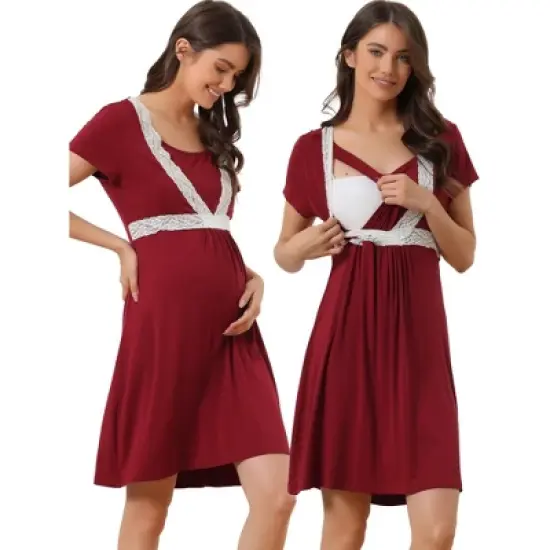 cheibear Women's Lace Short Sleeve Soft Nightgown Maternity Knee Length Sleep Nightshirt image {6}