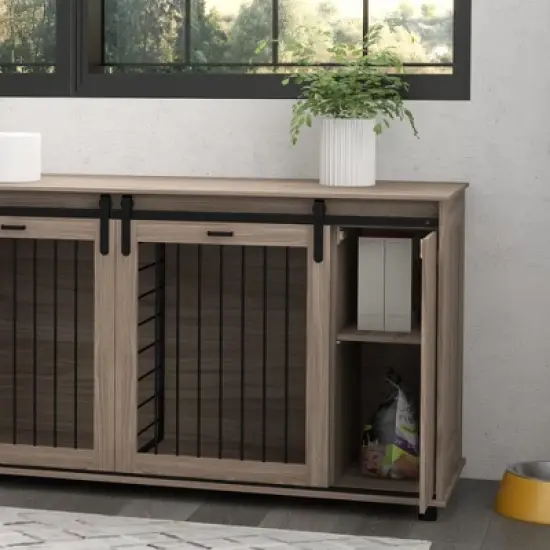 PawHut 71" Dog Crate Furniture with Removable Divider for 2 Small Dogs or 1 Large Dog, Dog Kennel Furniture with Storage, Double Doors image {5}