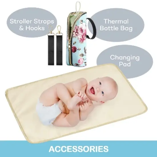 Itopfox Large Capacity Waterproof Diaper Backpack with Insulated Pockets, Changing Pad & Bottle Bag for Baby Essentials (Rose Flower) image {4}