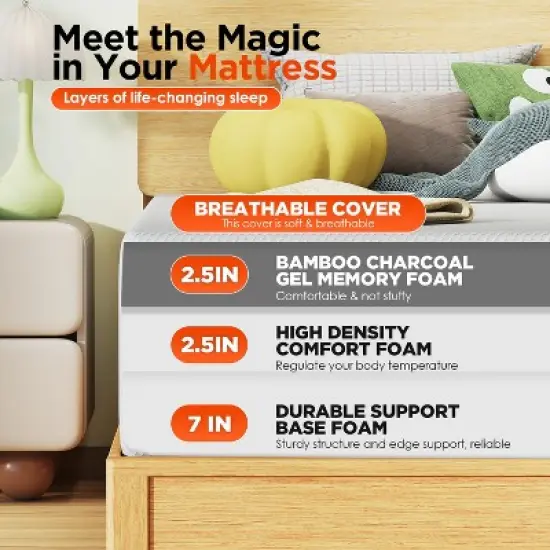 FDW 12 inch Bamboo Charcoal Memory Foam Mattress Cooling Gel CertiPUR-US Certified Breathable Bed Mattress for Cooler Sleep,White image {2}