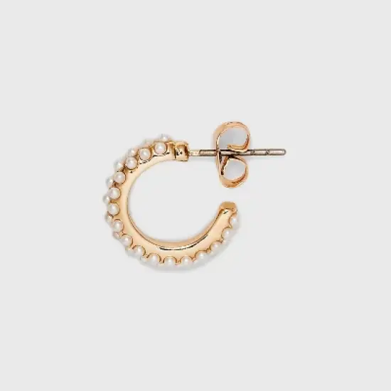 Round Pearl Hoop Earrings - A New Day&trade; Gold: Nickel-Free Metal, Zinc, Post Closure, 0.8" Length, 0.59" Width, Pearl Stone image {2}