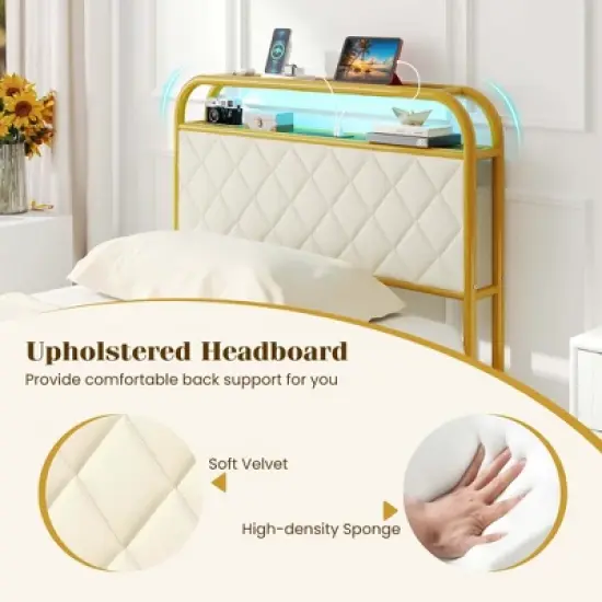 Costway Twin/Full/Queen Size Bed Frame with LED Lights & Charging Station Storage Headboard & Drawers Golden image {5}
