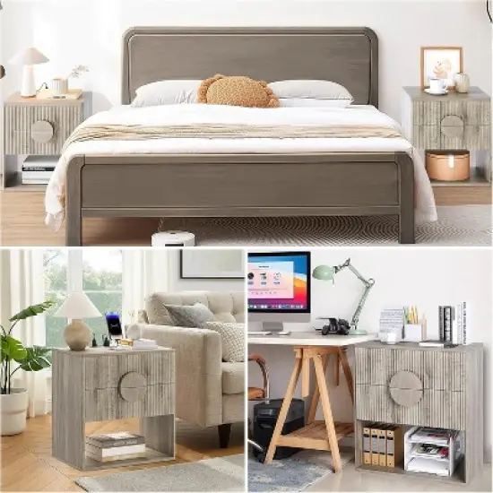 Fluted Nightstand, Side Table with 2 Drawer, Modern Farmhouse Nightstand with Open Shelves, Wood Nightstand for Bedroom Sofa Office image {6}