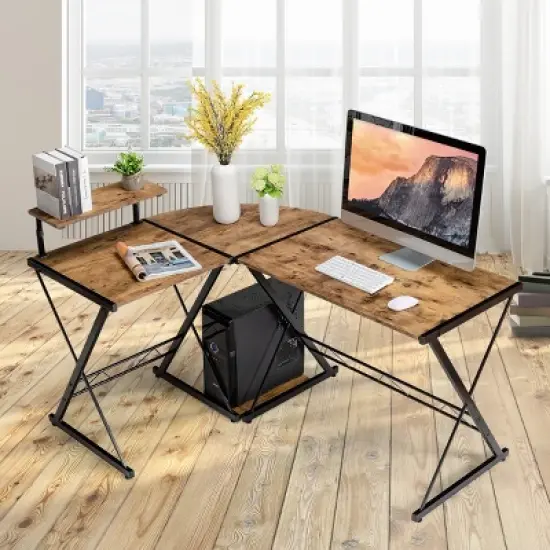 Tangkula L-Shaped Corner Desk Computer Gaming Table with Monitor Stand &Host Tray Black/Antique/Walnut image {1}