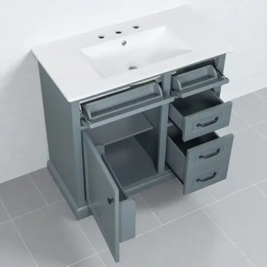 36" Bathroom Vanity with Ceramic Sink, Soft-Close Drawers & Door Organizer, Freestanding Vanity Wood Cabinet with Storage image {9}