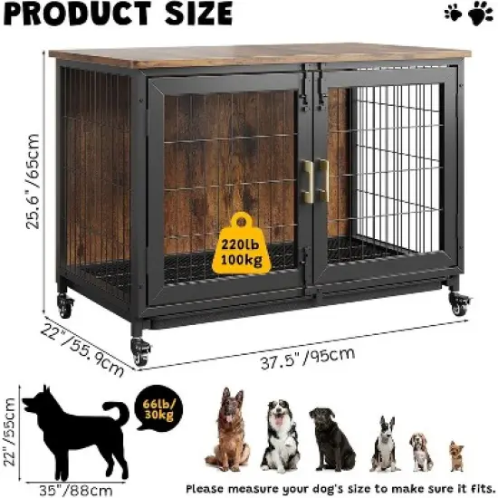 Acekool 37.5" Furniture Style Dog Crate with Wheels, Removable Tray, Lockable Indoor Kennel, Rolling Cage for Medium & Large Dogs, Brown image {1}
