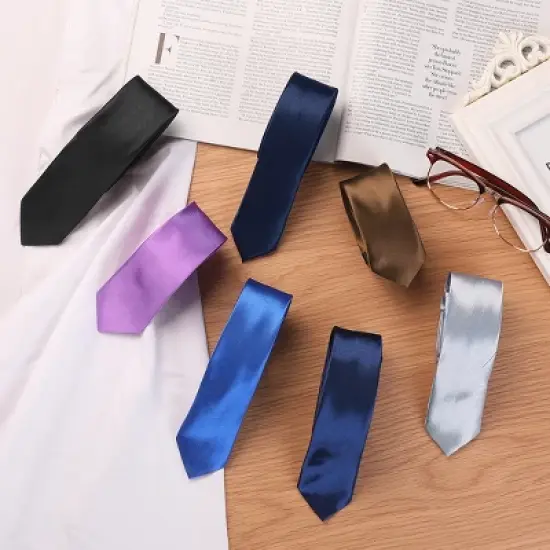 Allegra K Men's Skinny Ties Satin Solid Self-tied Necktie for Wedding Business image {6}