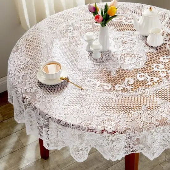 Juvale Round White Lace Vintage Tablecloth, Floral Pattern for Wedding Reception, Christmas Party (59 In) image {1}