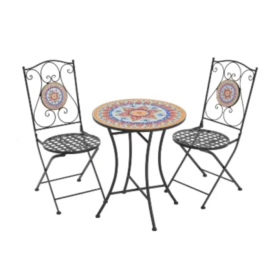 Christopher Knight Home Priscilla 3 Pieces Outdoor Ceramic Tile and Iron Foldable Bistro Set, Black/Red image {9}