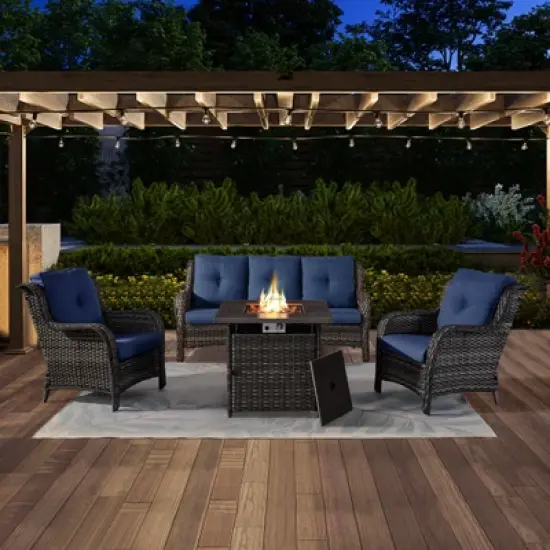 4 Pieces Patio Furniture Set with Fire Pit Table, Outdoor Sofa Set with 50000 BTU Fire Pit All Weather Wicker Patio Couch and Club Chair image {13}