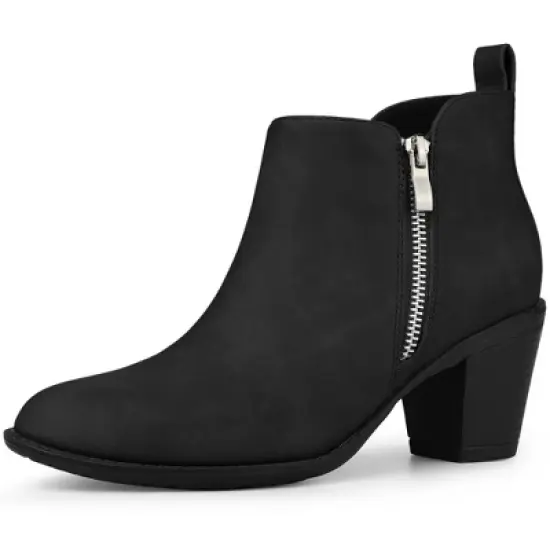Allegra K Women's Low Chunky Heels Zipper Western Ankle Booties image {8}