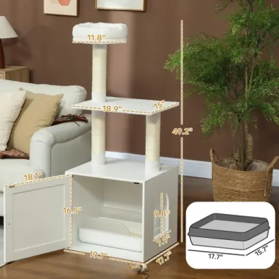 SKYONE White 3-Tier Cat Tree with Litter Box Enclosure, Scratching Posts, Climbing Platform & Top image {2}