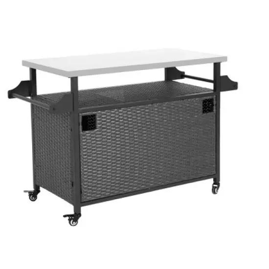 Outdoor Kitchen Wicker Island Rolling Cart & Storage Cabinet, Wheels and Stainless Steel Extended Table Top Grey image {5}