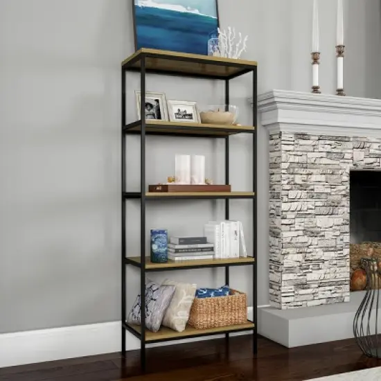 Hastings Home 5-Tier Open Bookshelf &ndash; Industrial Bookcase with Steel Frame, Black image {1}