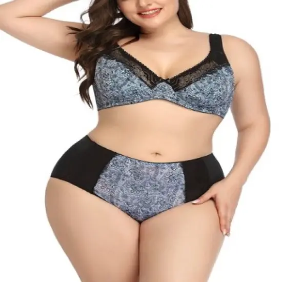 Agnes Orinda Women's Plus Size Underwire Retro Lace Trim Push-Up Bra and Panty Set image {5}